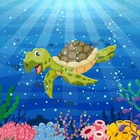 Cartoon sea turtle swimming in the ocean. Vector illustration