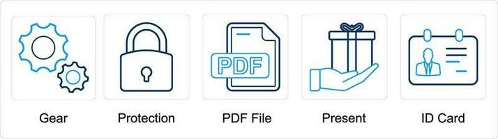 A set of 5 mix icons as gear, protection, pdf file vector