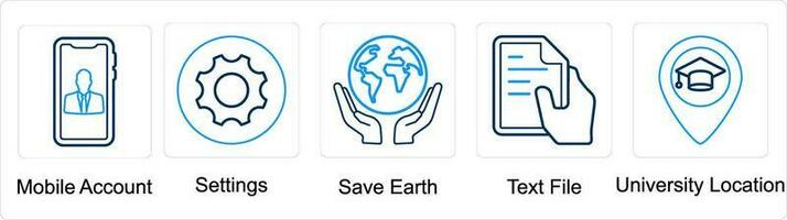 A set of 5 mix icons as mobile account, settings, save earth vector