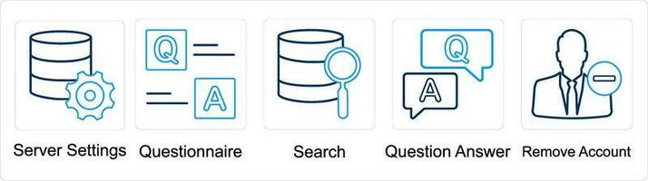 A set of 5 mix icons as server settings, questionnaire, search vector