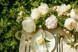 Holiday tablescape, formal dinner table setting, peony flowers table scape with peonies decoration for wedding party and event celebration, generative ai photo