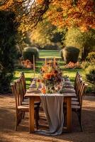 Autumn table scape, autumnal dinner table setting, holiday tablescape for wedding, birthday or party event celebration, generative ai photo