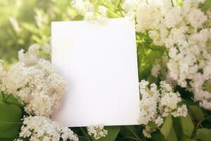 Blank paper and flowers on country background for printable art, paper, stationery and greeting card mockup photo