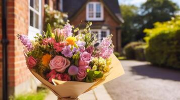 Flower shop delivery and holiday gift postal service, beautiful bouquet of flowers on a house doorstep in the countryside, generative ai photo