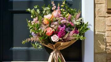 Flower shop delivery and holiday gift postal service, beautiful bouquet of flowers on a house doorstep in the countryside, generative ai photo