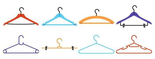 Collection of empty clothes hangers. Colorful accessory with hook for garment hanging. Flat vector illustration isolated on white background