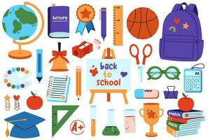 Big collection of cute school stationery in flat cartoon style. Set of hand drawn accessories for study, student equipment. Back to school concept. vector