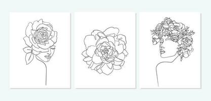 Set of faces with flower. Abstract minimal portrait. - Vector illustration