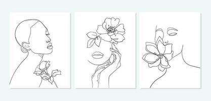 Set of faces with flower. Abstract minimal portrait. - Vector illustration