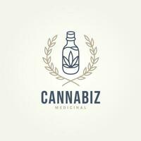 minimalist medical cannabis leaf in glass bottle line art icon logo template vector illustration design. simple modern cannabis or hemp oil extracts in jars logo concept