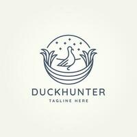 minimalist duck hunting line art icon logo template vector illustration design. simple modern duck on the creeks and cattails emblem logo concept