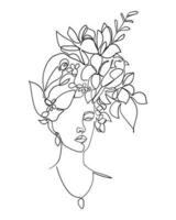 mujer cabeza con flores uno línea dibujo. - vector ilustración