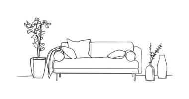 Continuous one line drawing of sofa and with potted plants. Scandinavian stylish furniture in simple linear style. Vector illustration