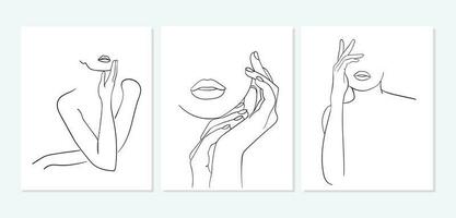 Set of Minimal line art woman with hand on face. Black Lines Drawing. - Vector illustration
