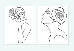 Set of portraitS, face with flower. Simple, minimalist vector illustration of beautiful woman. Line drawing