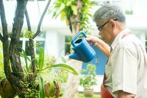 A happy and smiling Asian old elderly man is watering plants and flowers for a hobby after retirement in a home. Concept of a happy lifestyle and good health for seniors. photo