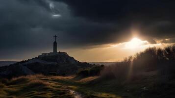 Cross on top of a hill, spotlight from the clouds, sun, cloudy, generative AI photo