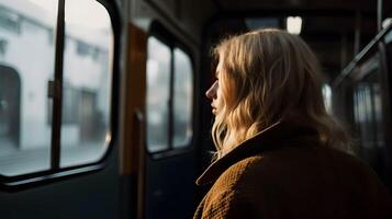 Young blonde woman in the bus, thinking, public transportation, Generative AI photo