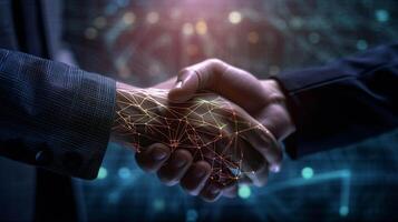 Businessman in a suit handshake with AI robot, photo