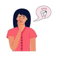 Unhappy woman holding her cheek and suffering from toothache. Cute cartoon tooth with caries in speech bubble. Concept of oral treatment, dental problem. vector