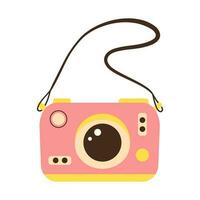 Cute pink photo camera with strap. Modern digital device with lens in vintage style. vector