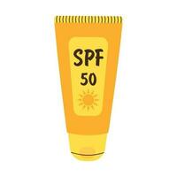 Sunscreen cream in tube. SPF 50. Cartoon flat illustration isolated on white background. vector