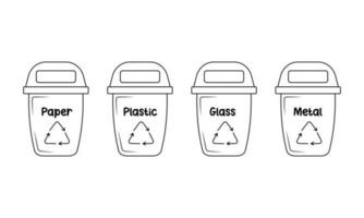 Trash cans with sorted garbage. Containers for paper, plastic, glass and metal in doodle style. Zero waste. Waste recycling. vector