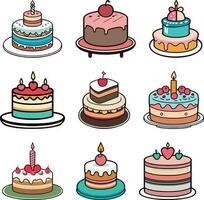 Set of Cartoon Style Birthday Cake Illustration, Flat Front Design Tart Icons Collection vector