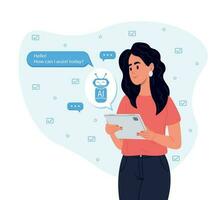 ChatGPT AI chat concept, artificial intelligence. Business lady uses the technology of a smart AI robot. Dialogue between the AI assistant and the user in the messenger. vector