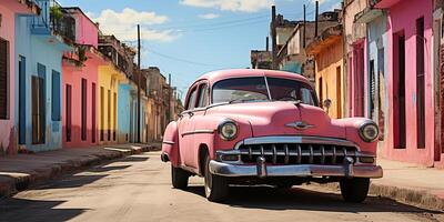 ai generado. ai generativo. clásico Clásico retro rosado cadillac a Cuba latín tropical exótico paisaje. aventuras vacaciones caribe palme arboles soleado calle onda. gráfico Arte foto