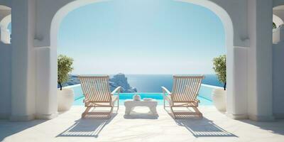 ai generado. ai generativo. vacaciones relajarse aventuras onda. dos blanco madera silla a piscina Oceano hotel villa. azul y blanco colores. gráfico Arte foto