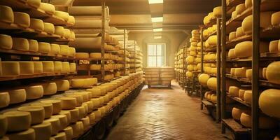 hundreds of different varieties of parmigiano reggiano in the biggest  parmesan cheese storage kinds of cheese ripening. picture of a cheese  factory in Switzerland. Generative AI Stock Illustration