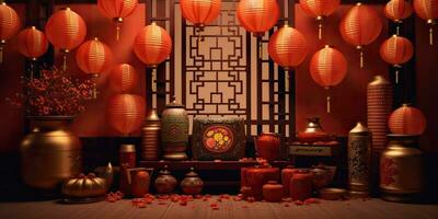 AI Generated. AI Generative. Chinese New Year winter holiday festival. Traditional decoration background relax red colors vibe. Graphic Art photo