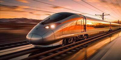 . . High speed train move motion on railway locomotive passenger. Adventure business vibe. Graphic Art photo