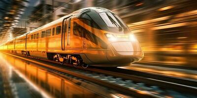 AI Generated. AI Generative. High speed train move motion on railway locomotive passenger. Adventure business vibe. Graphic Art photo