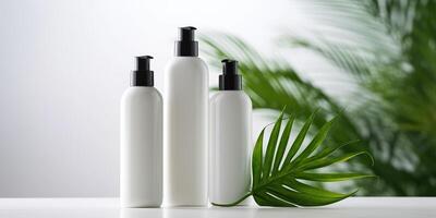 ai generado. ai generativo. belleza spa salud cuidado cosmético spa botellas Bosquejo con verde eco hoja planta. gráfico Arte foto