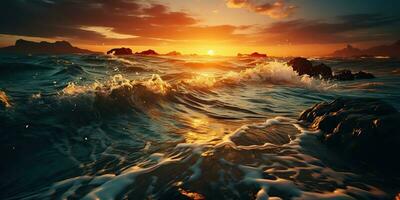 ai generado. ai generativo. dramático noche mar Oceano agua ondas. tormenta aventuras explorar nadar onda. gráfico Arte foto