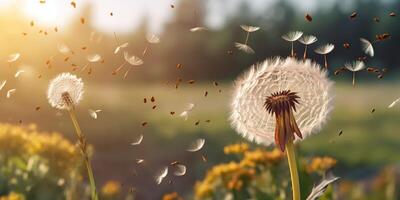 ai generado. ai generativo. sembrado diente de león salvaje flor en campo soplo. naturaleza al aire libre flor silvestre aventuras vacaciones paisaje. gráfico Arte foto