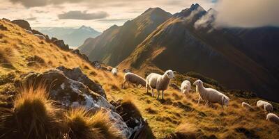 . . Sheeps grazing on beautiful mountain hills landscape. Peace chill outdoor nature vibe. Graphic Art photo