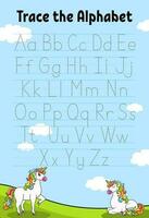 escribiendo cartas. página de rastreo con unicornio. hoja de práctica. hoja de trabajo para niños. aprender alfabeto. lindo personaje ilustración vectorial de color. estilo de dibujos animados vector