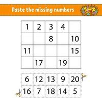 Paste the missing numbers 1-20. Game for children. Handwriting practice. Learning numbers for kids. Education developing worksheet. Activity page. Isolated vector illustration in cute cartoon style.