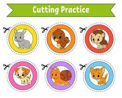 Cutting practice. Educational activity worksheet for kids and toddlers. Game for children. Vector illustration.