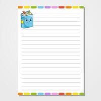 Sheet template for notebook, notepad, diary. Lined paper. Cute character. With a color image. Isolated vector illustration. cartoon style.