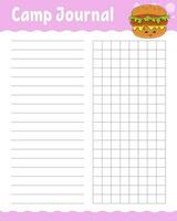 Lined sheet template for camp journal. Handwriting paper. For diary, planner, checklist, wish list. With cute character. Vector illustration.