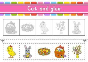 Cut and play. Paper game with glue. Flash cards. Education worksheet. Activity page. Scissors practice. Vector illustration.