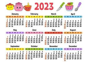 calendario para 2023 con un lindo personaje. diseño divertido y brillante. ilustración de vector de color aislado. estilo de dibujos animados