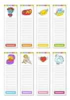 Set of paper bookmarks for books with cute cartoon characters. For kids. Isolated on white background. Vector illustration.