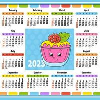 calendario para 2023 con un lindo personaje. diseño divertido y brillante. ilustración de vector de color aislado. estilo de dibujos animados