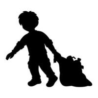 Black silhouette. The boy puts the garbage in the trash bag. Design element. Vector illustration isolated on white background. Template for books, stickers, posters, cards, clothes.