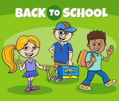 cartoon children characters with back to school caption vector